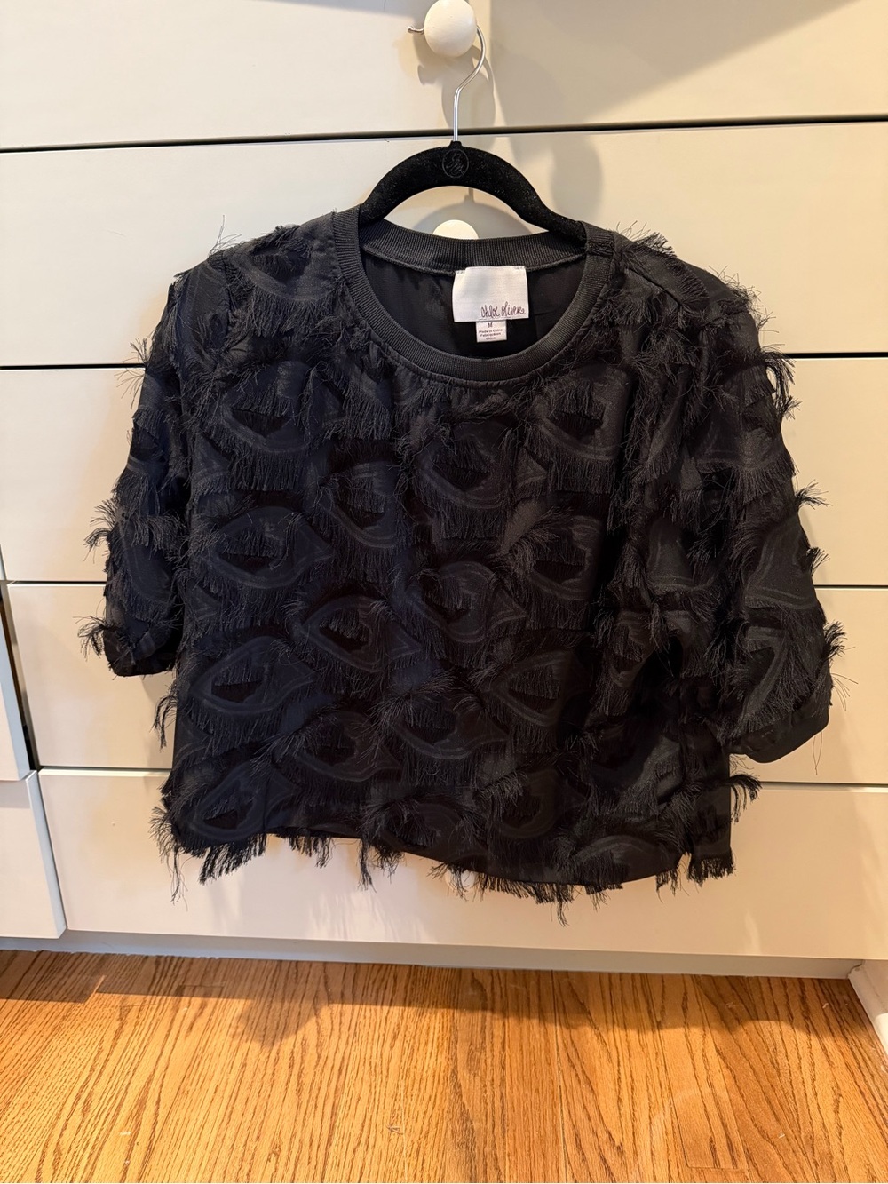 Black Textured Fringe Short Sleeve Top